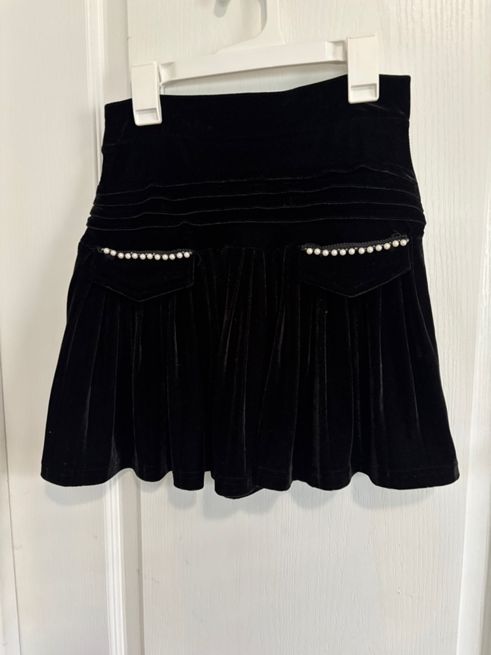 Classic Black Velvet Skirt with Pearl Trim
